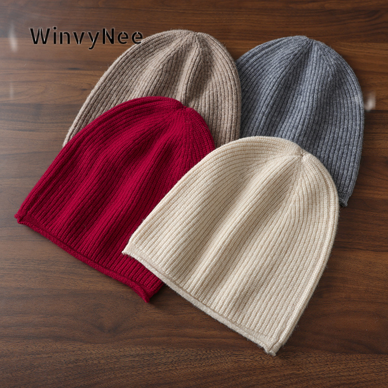 Beanie Cuffed Knit - WinvyNee レディース 無地 カフ付き ロールエッジ ピュアウール